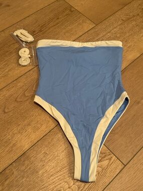 Monday Swimwear Strapless One-Piece in Light Blue with Cream Trim